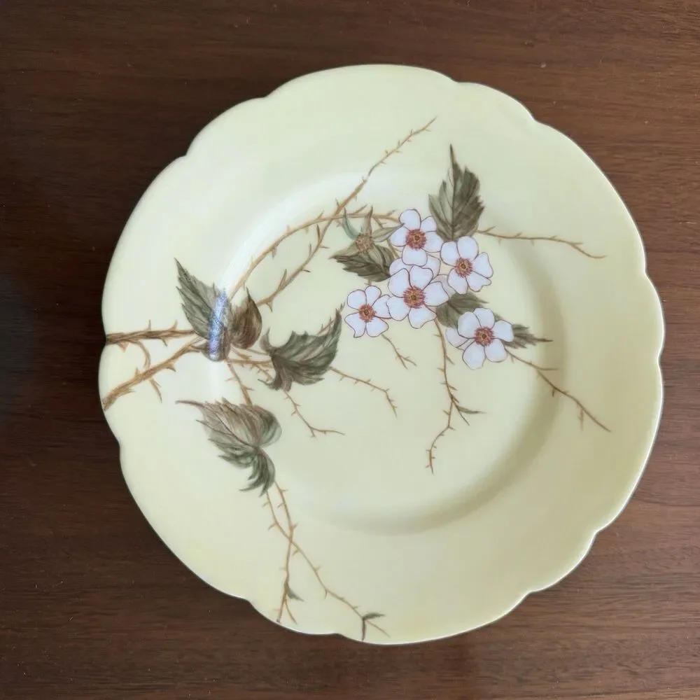 Antique H & Co Limoges Hand Painted Yellow W White Flowers Green 7 3/4” Thorns